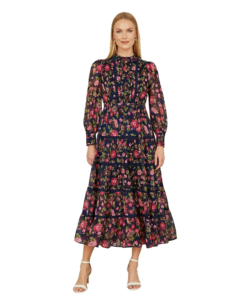 Yumi Blossom Print Lace Trim Maxi Dress
