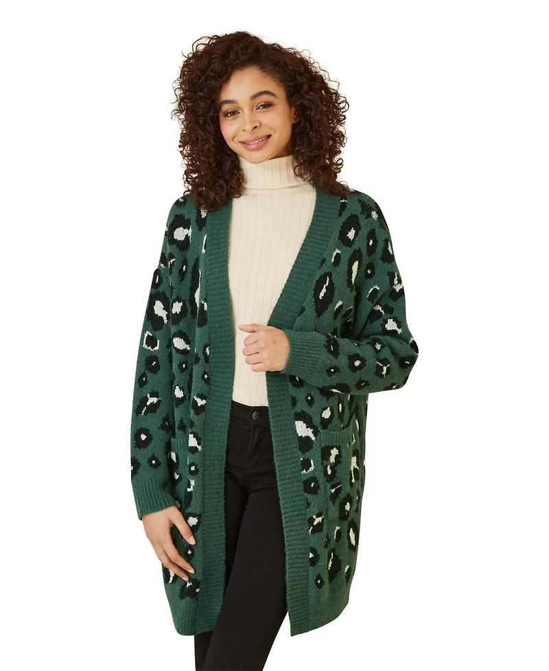 Yumi Women's leopard print Intarsia Long Cardigan