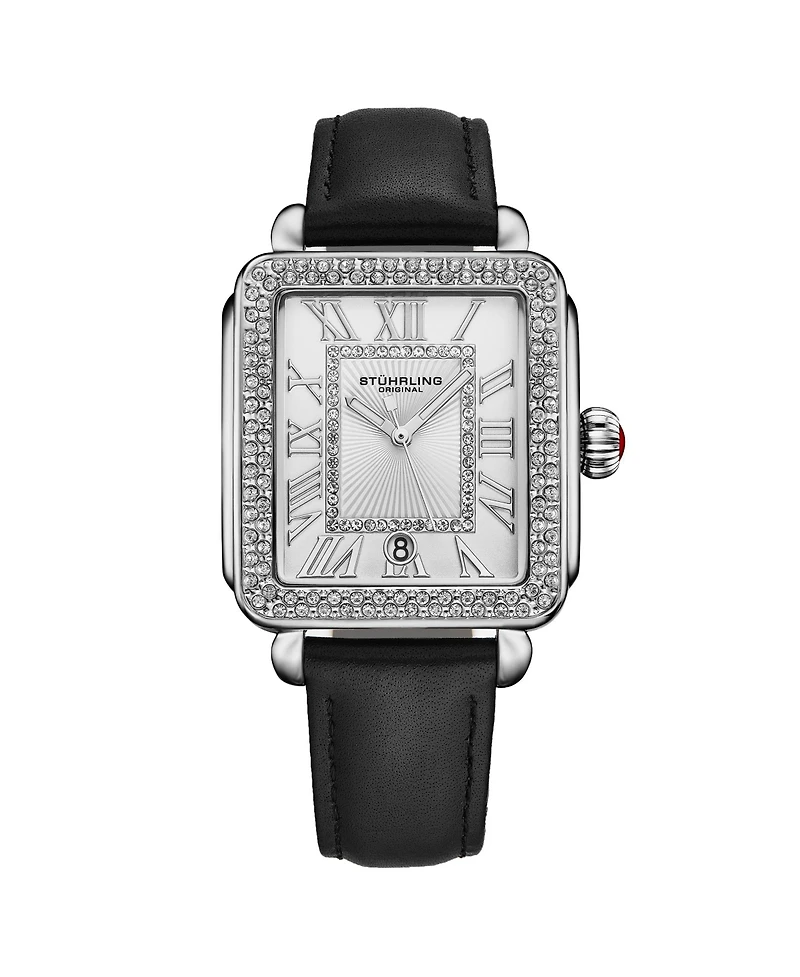 Elegant Women s Rectangular 35×47mm Dress Watch – Model 4060L.1, Silver Case, Black Leather Strap, Crystal Bezel