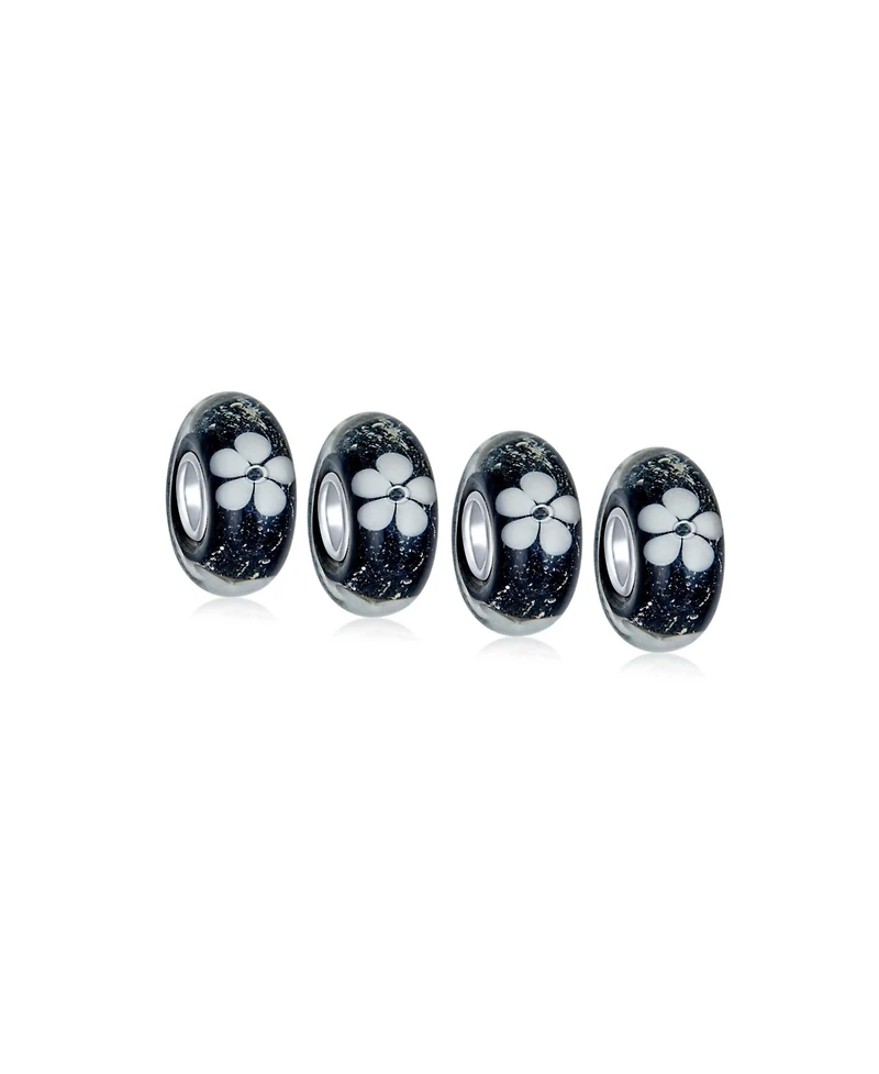 Bling Jewelry Set of 4 Black White Floral Glass Charm Bead for European Bracelets with Silver Core
