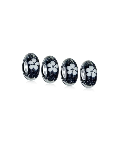 Bling Jewelry Set of 4 Black White Floral Glass Charm Bead for European Bracelets with Silver Core