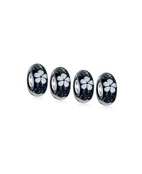 Bling Jewelry Set of 4 Black White Floral Glass Charm Bead for European Bracelets with Silver Core