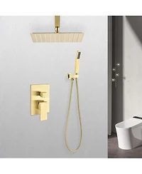 Rainsken Ceiling Mounted Shower System Combo Set with Handheld and 12" Shower Head, Gold