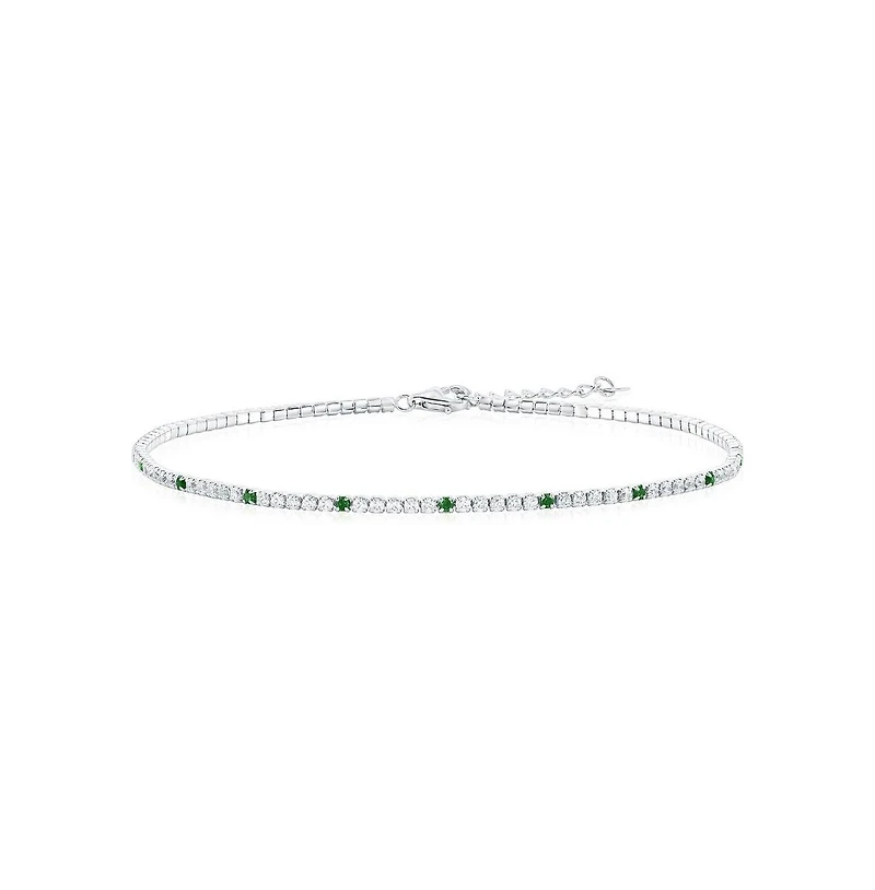 Sterling Silver, Round Cz Tennis Anklet - Emerald
