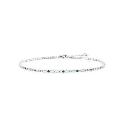 Sterling Silver, Round Cz Tennis Anklet - Emerald