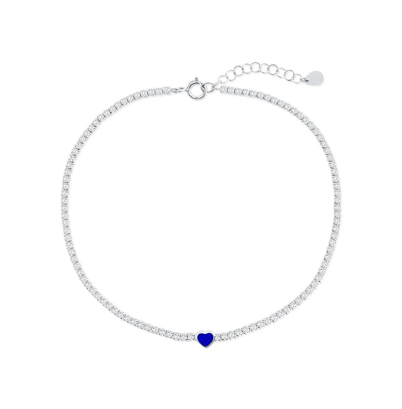 Sterling Silver, Enamel Heart, Cz Tennis Anklet