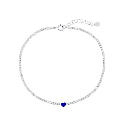 Sterling Silver, Enamel Heart, Cz Tennis Anklet