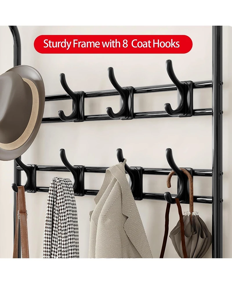 Hall Tree Shoe Bench, 4-in-1 Industrial Entryway Storage Bench with 8 Sturdy Hooks, Freestanding Coat Rack for Small Spaces, Apartments