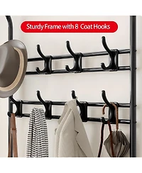 Hall Tree Shoe Bench, 4-in-1 Industrial Entryway Storage Bench with 8 Sturdy Hooks, Freestanding Coat Rack for Small Spaces, Apartments