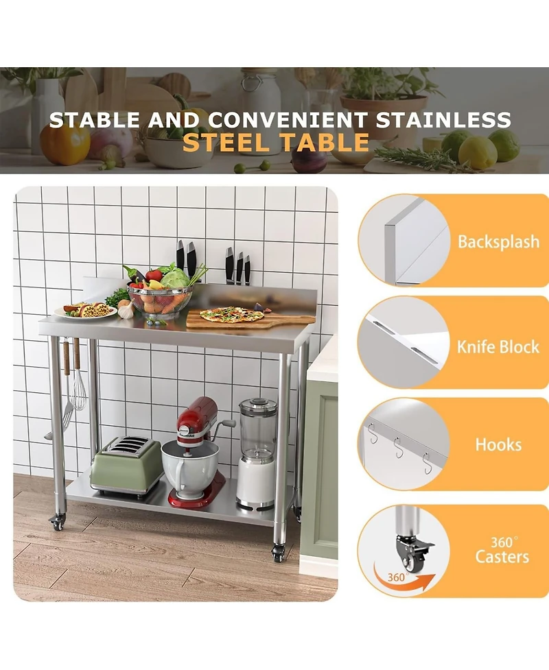Aecojoy Stainless Steel Table with Backsplash 48"x18" Prep Tables for Commercial Kitchen
