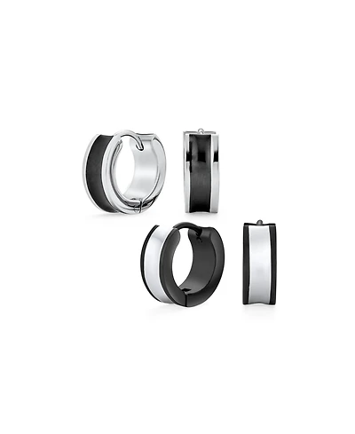 Bling Jewelry Set of 2 Two Tone Striped Black Enamel Huggie Hoop Earrings Stainless Steel