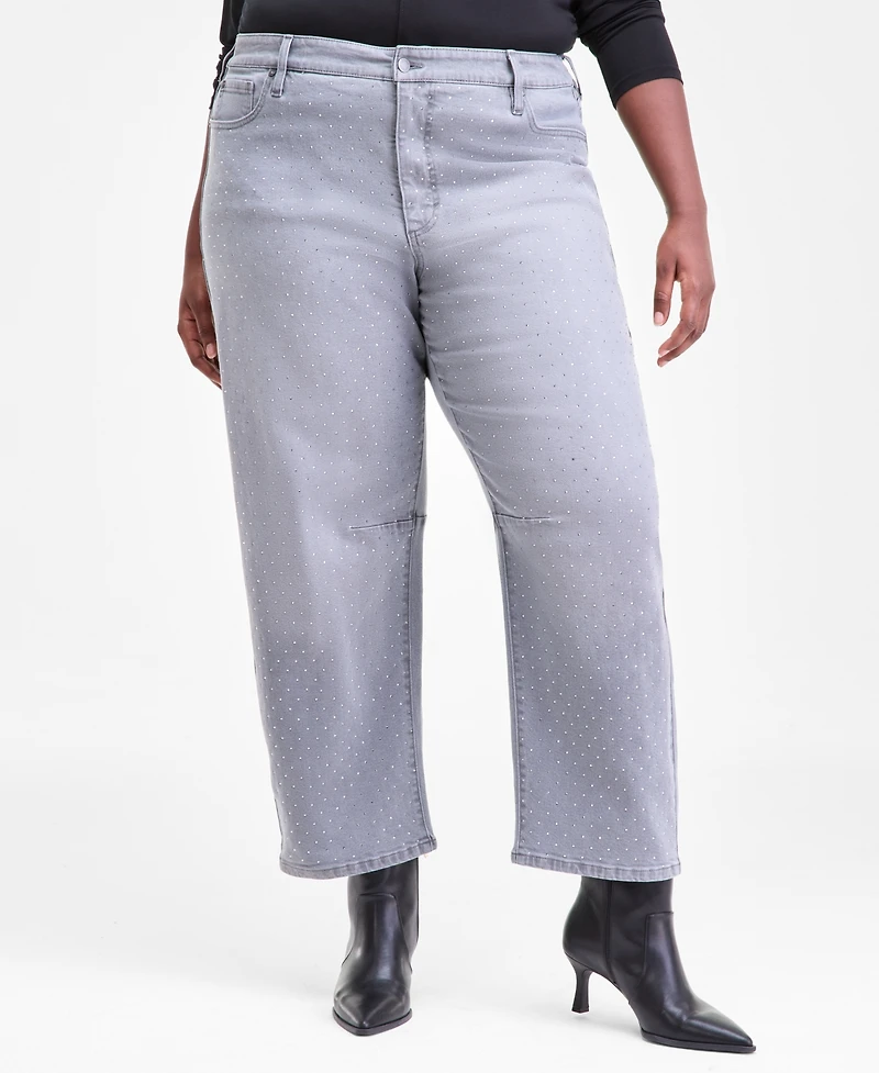 I.n.c. International Concepts Plus High Rise Rhinestone Barrel-Leg Jeans, Macy's Exclusive