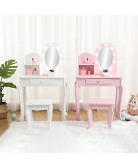 Vanity Desk with Mirror and Lights, Small Vanity Table and Chair Set, Wooden Makeup Desk Dressing Table with Drawers & 3 Light Modes