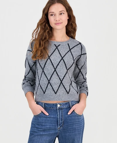 Planet Heart Juniors' Sequin Plaid Crewneck Sweater