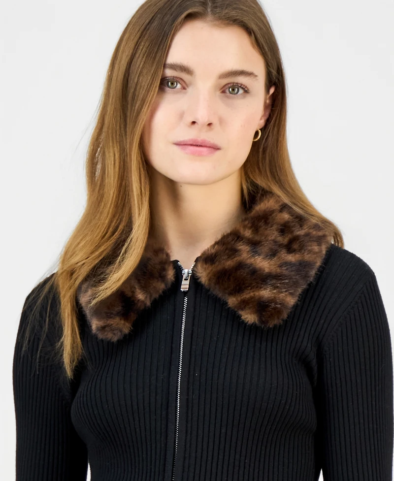 Madden Girl Juniors' Faux-Fur-Collar Zip-Up Sweater