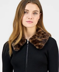 Madden Girl Juniors' Faux-Fur-Collar Zip-Up Sweater