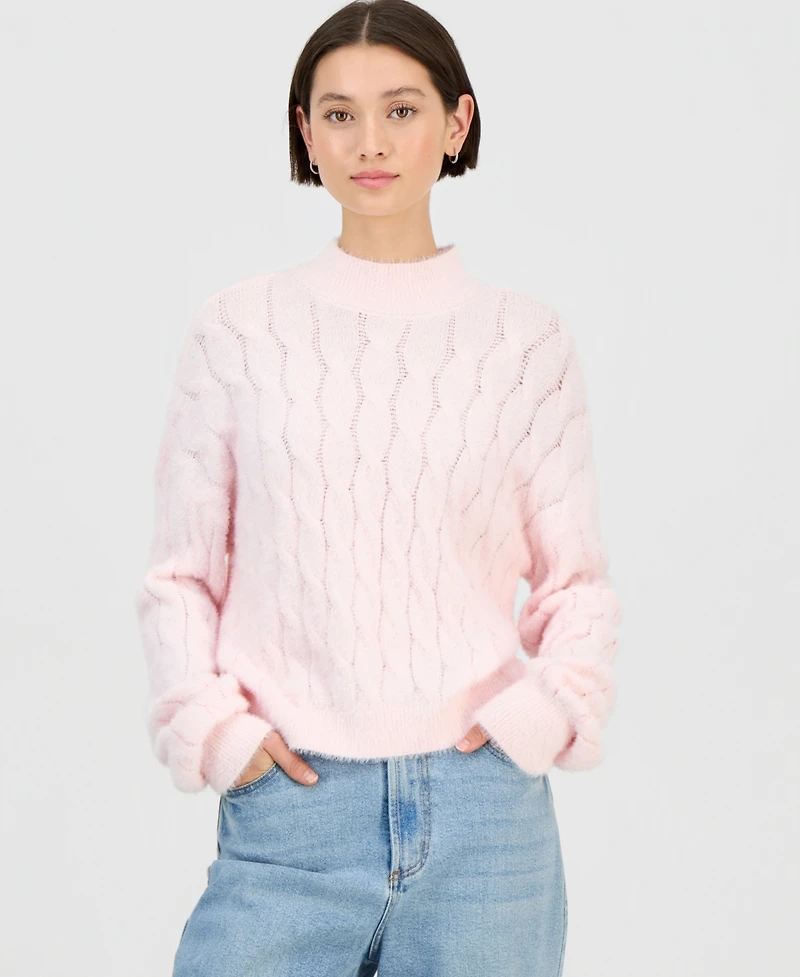 Hippie Rose Juniors' Mock-Neck Eyelash-Cable Knit Sweater