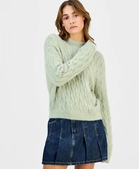 Hippie Rose Juniors' Mock-Neck Eyelash-Cable Knit Sweater