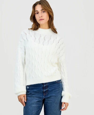 Hippie Rose Juniors' Mock-Neck Eyelash-Cable Knit Sweater