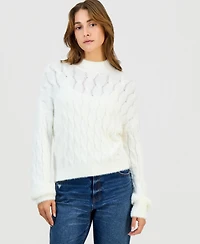 Hippie Rose Juniors' Mock-Neck Eyelash-Cable Knit Sweater