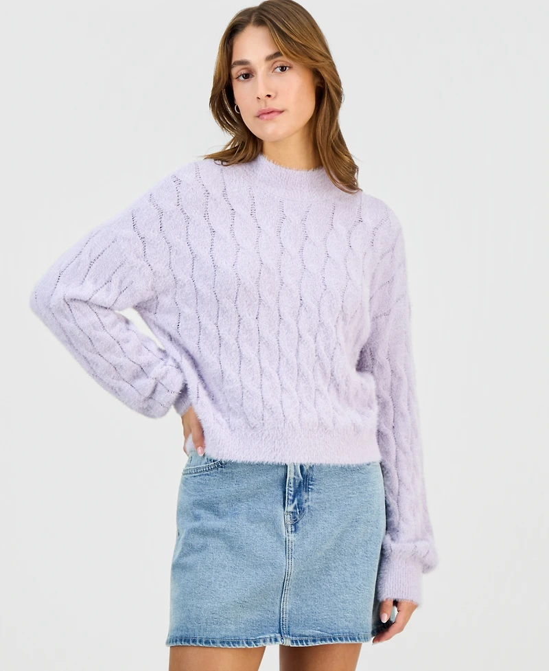 Hippie Rose Juniors' Mock-Neck Eyelash-Cable Knit Sweater