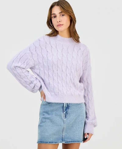 Hippie Rose Juniors' Mock-Neck Eyelash-Cable Knit Sweater