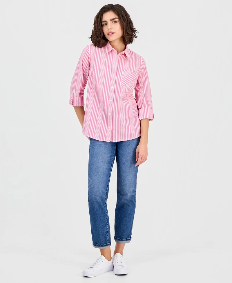 Nautica Jeans Women's Stripe Button-Front Roll-Tab-Sleeve Cotton Shirt