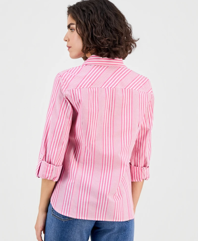 Nautica Jeans Women's Stripe Button-Front Roll-Tab-Sleeve Cotton Shirt