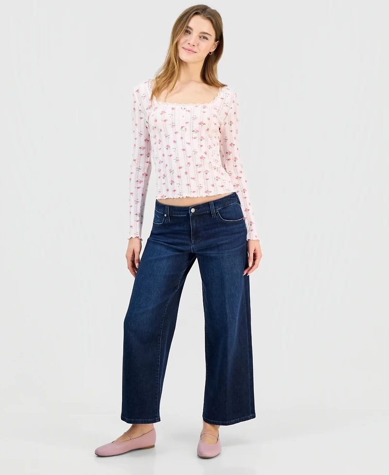 Madden Girl Juniors' Ditsy-Print Pointelle-Knit Top