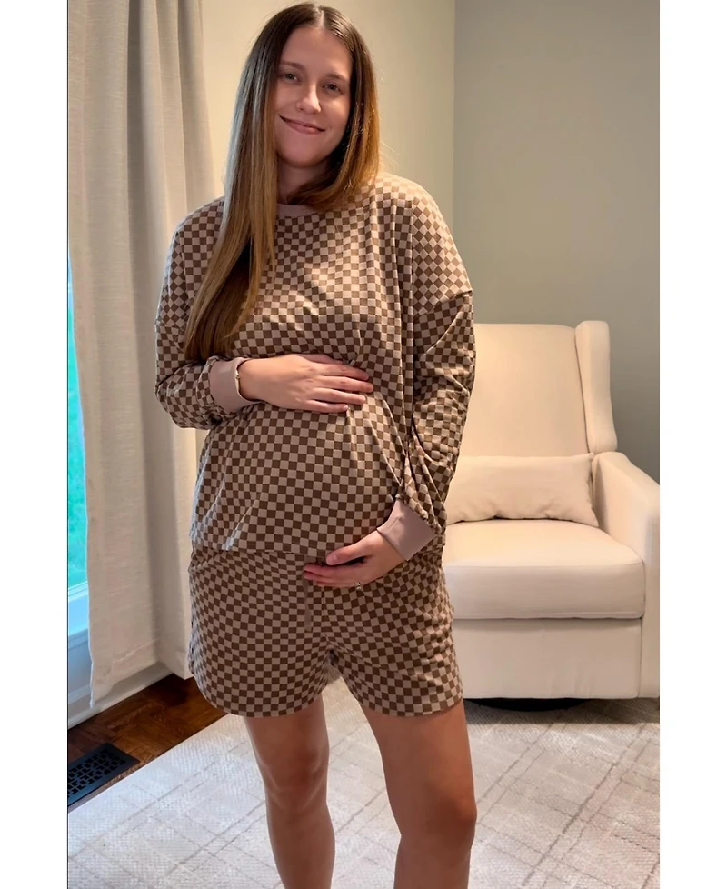 Pinkblush Maternity Mocha Checkered Plaid Pullover Shorts Set