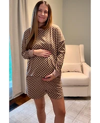 Pinkblush Maternity Mocha Checkered Plaid Pullover Shorts Set