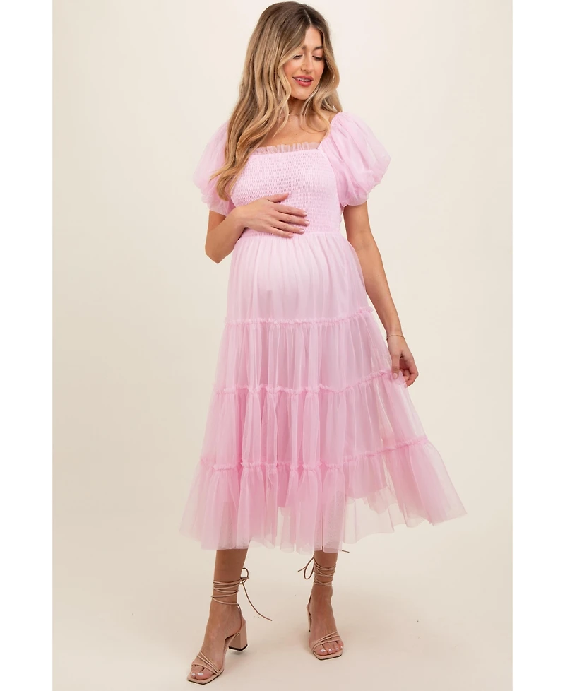 Pinkblush Maternity Light Pink Smocked Tiered Tulle Midi Dress
