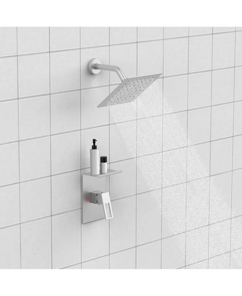 Rainsken Shower Faucet Set with Storage Rack 8-inch Rain Shower Head Shower Decoration Kit with Single Spray Shower Head Brushed Nickel