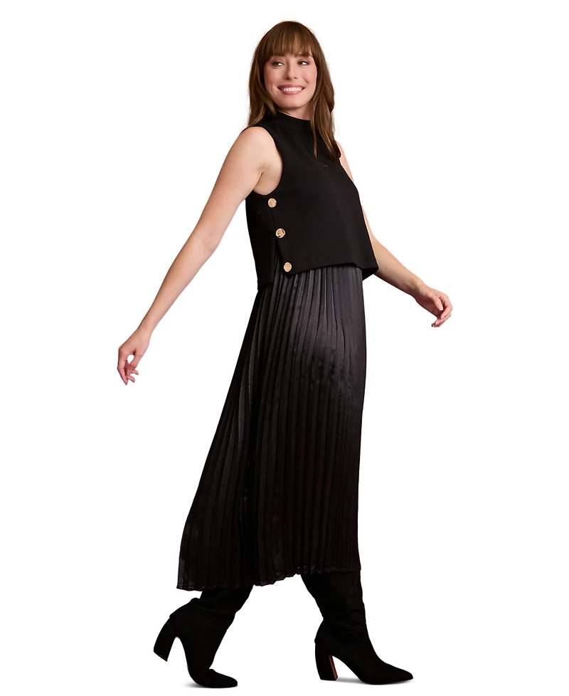 London Times Petite Pleated Knit Mock Neck Midi Dress