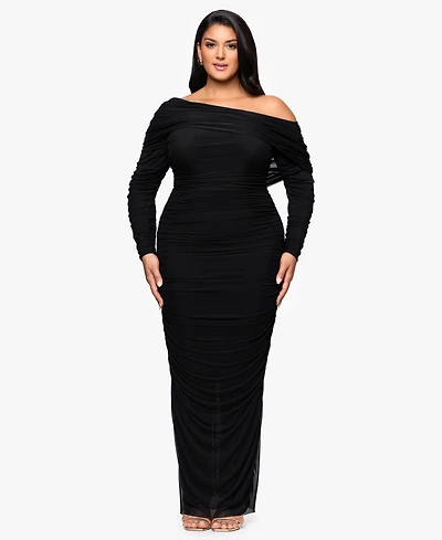 Betsy & Adam Plus Long Ruched Mesh Dress
