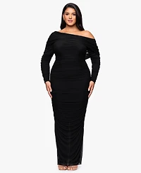Betsy & Adam Plus Long Ruched Mesh Dress