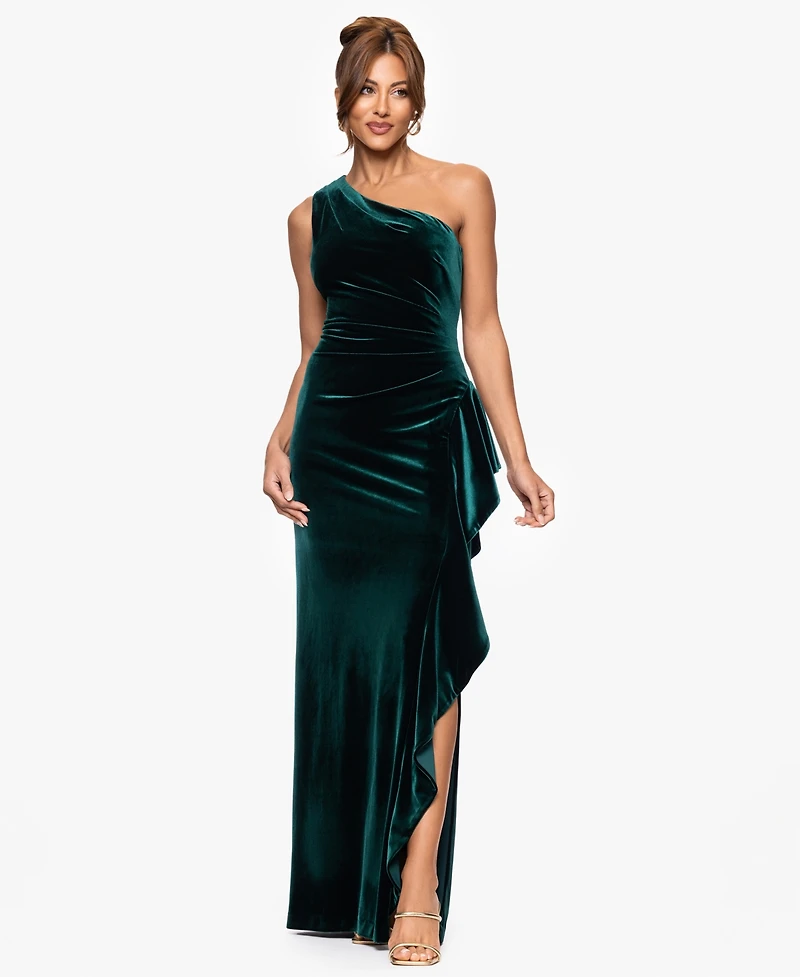Xscape Petite Long Velvet Off-The-Shoulder Dress