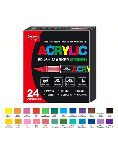 Htutwoo 24 Colors Acrylic Paint Markers, Soft Brush Tip Pens and Markers, Acrylic Paint Pens for Wood, Rock Painting and Diy Crafts Art Supplies