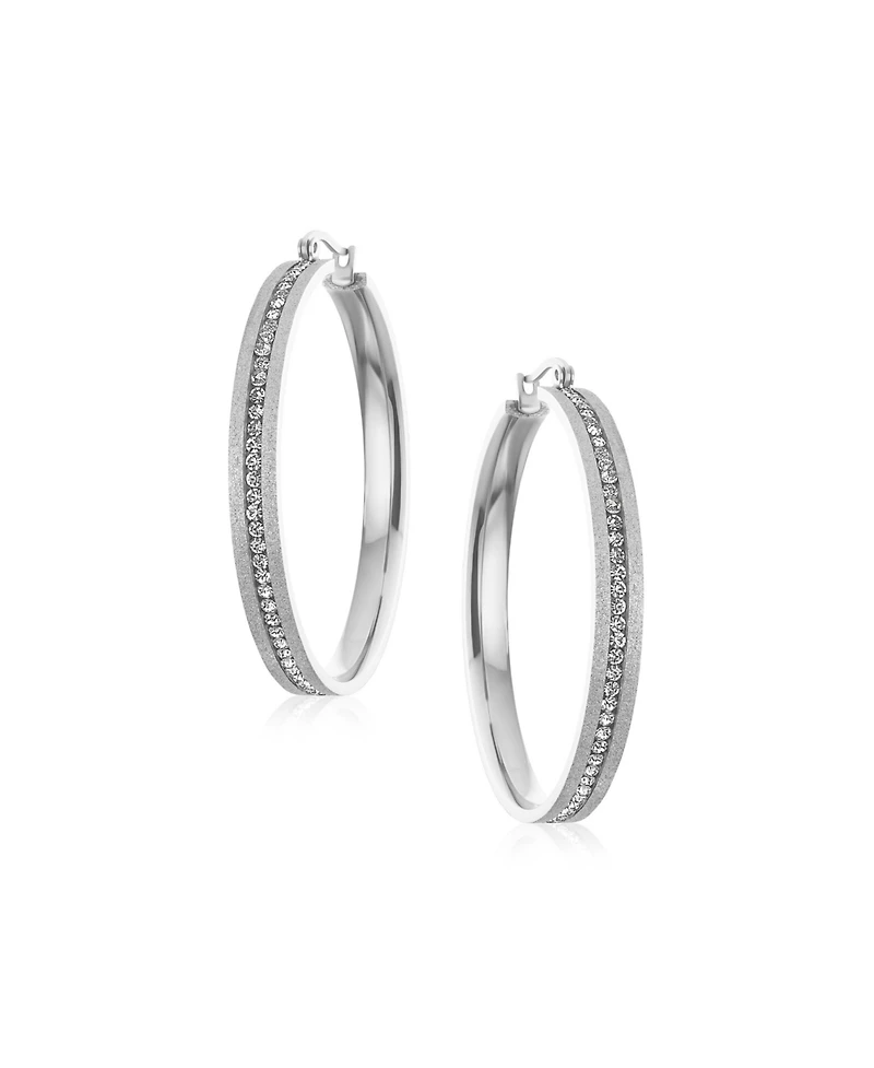 Bling Jewelry Round Channel Set Cz Large Hoop Earrings Stardust Brush Matte Finish Gold Plated Stainless Steel 2 Diameter