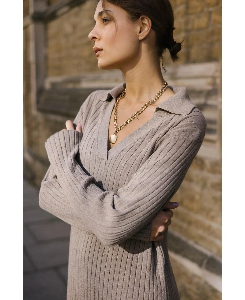 Labeca London Us Women's Naomi Coffee V Neck Cashmere-Blend Midi Dress - M / Gray
