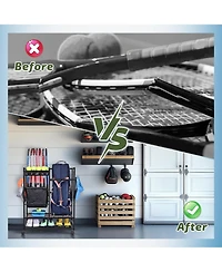 Mythinglogic Tennis Rack Organizer: All-in-One Storage for Bags, Balls, Rackets & Gear