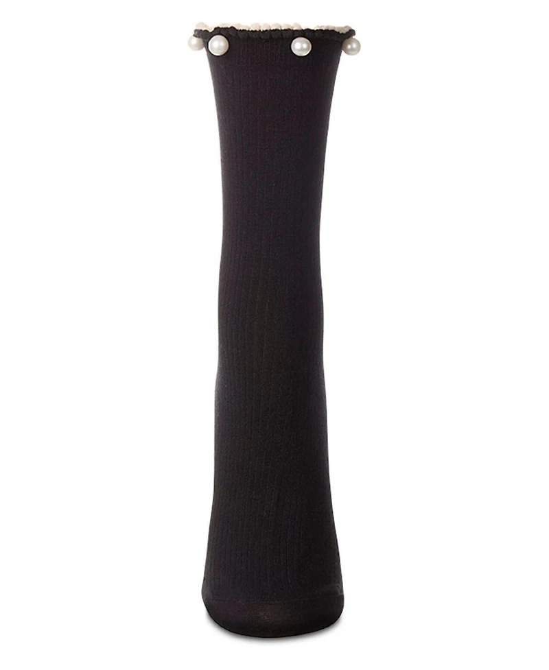 MeMoi Women's Cotton Rich Faux Pearl Trimmed Lettuce Edge Ankle Sock