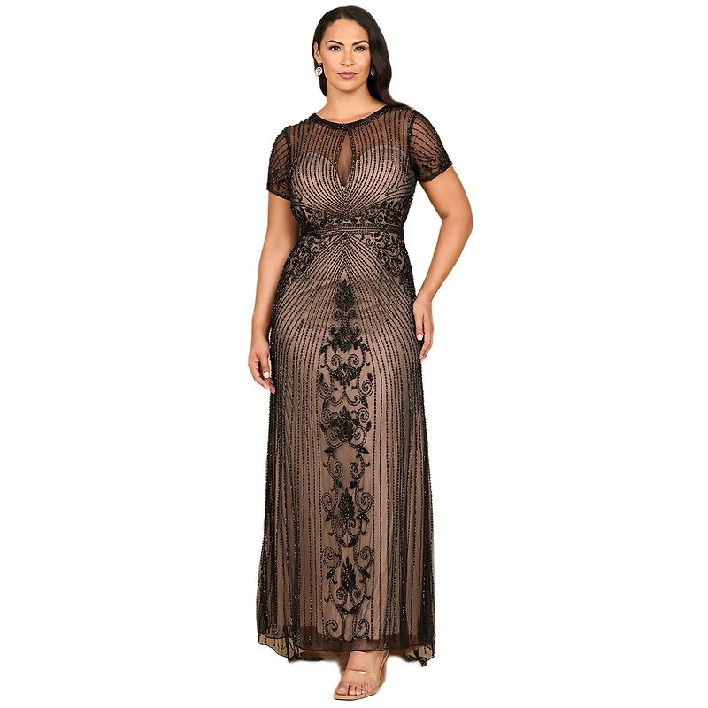Lara Women's Beaded Cap Sleeve Illusion Plunge Gown