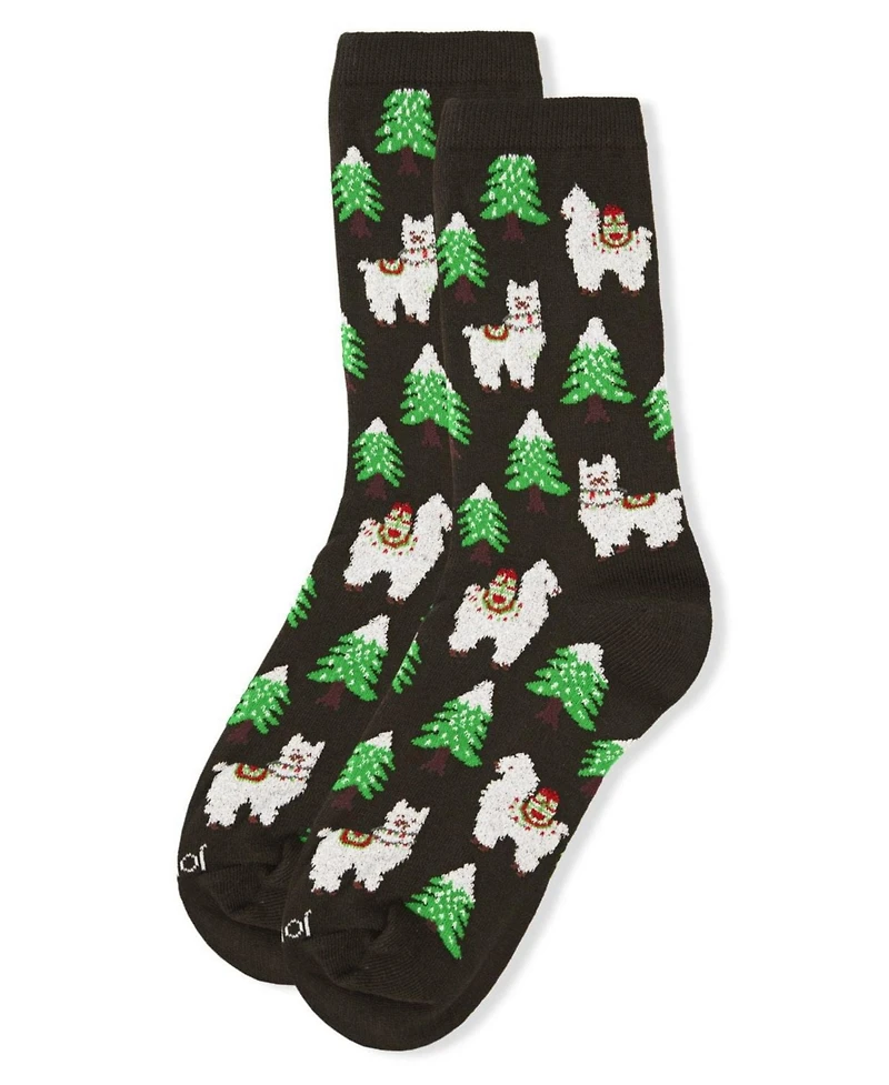 MeMoi Women's Llama Trees Christmas Crew Socks