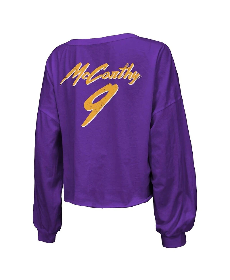 Majestic Women's J.j. McCarthy Purple Minnesota Vikings Name Number Off-Shoulder Script Cropped Long Sleeve V-Neck T-Shirt