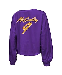 Majestic Women's J.j. McCarthy Purple Minnesota Vikings Name Number Off-Shoulder Script Cropped Long Sleeve V-Neck T-Shirt