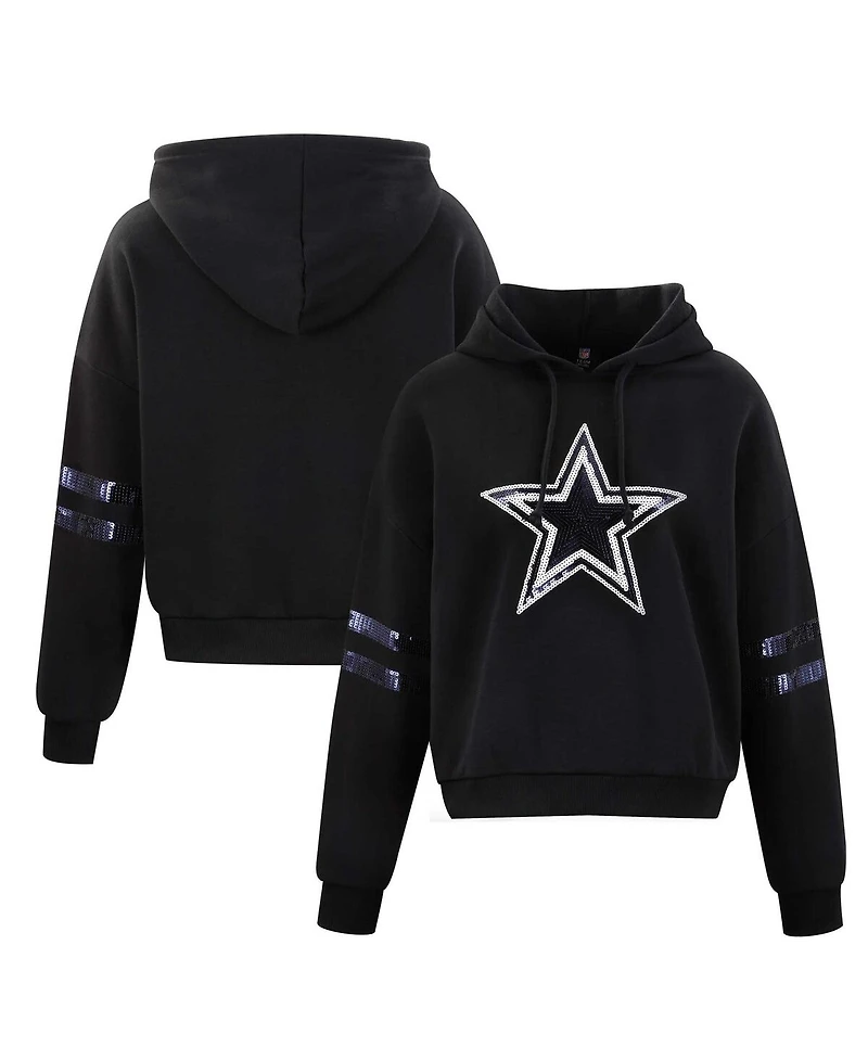 Cuce Women's Black Dallas Cowboys Cropped Sequins Pullover Hoodie