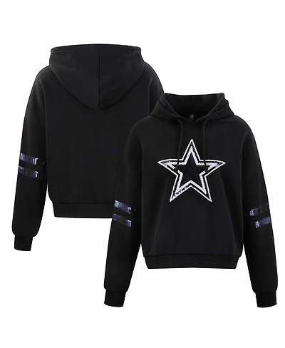 Cuce Women's Black Dallas Cowboys Cropped Sequins Pullover Hoodie