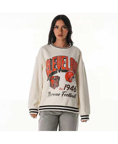 The Wild Collective Women's Cream Cleveland Browns Oversized Vintage French Terry Sweatshirt
