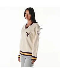 The Wild Collective Women's Cream Minnesota Vikings Jacquard V-Neck Sweater